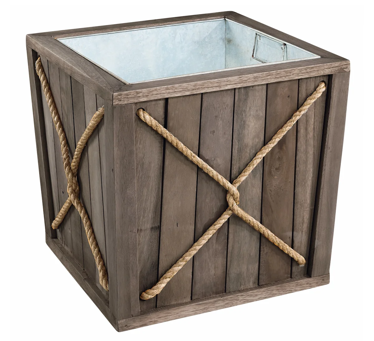 Teak small square planter box with rope detail in a charcoal colour.