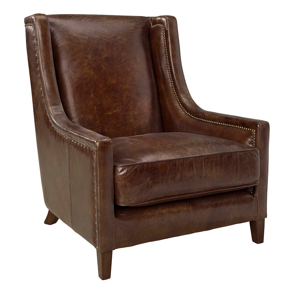 AW44 Armchair upholstered in Vintage Cigar leather with a high back, decorative stud detailing and elegant timber legs.