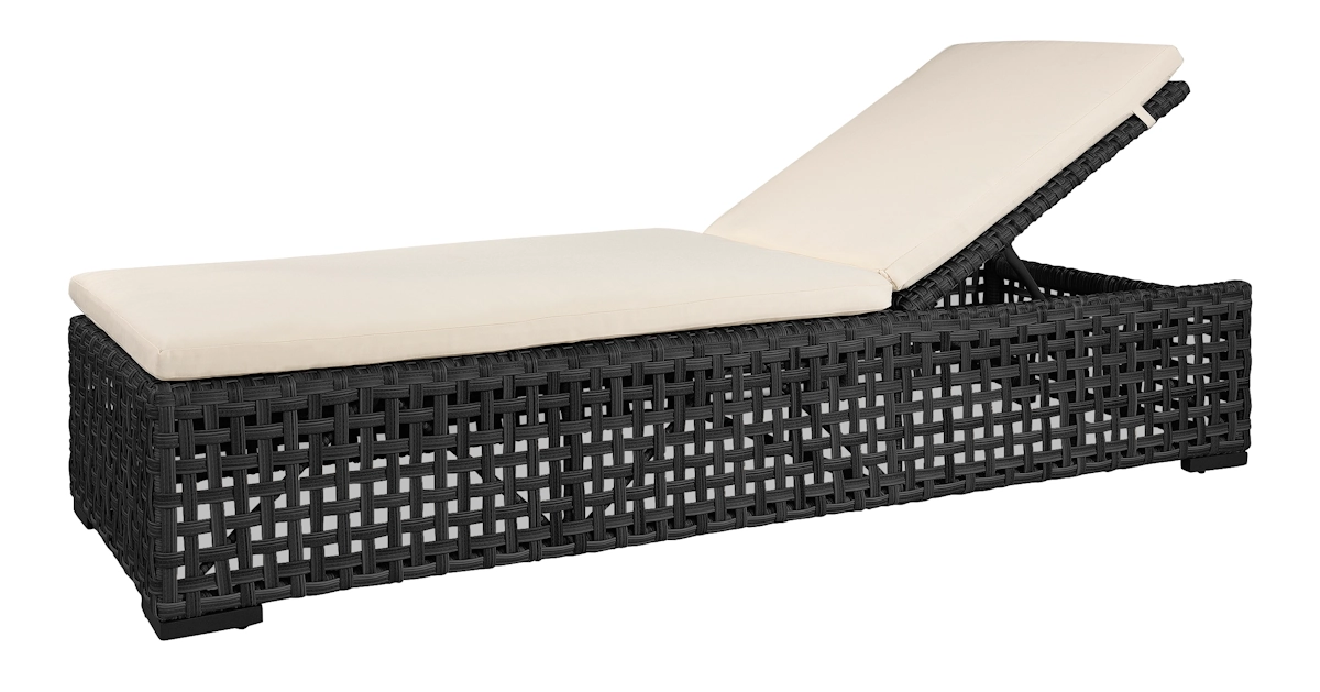Black outdoor sun lounger with an off white cushion.