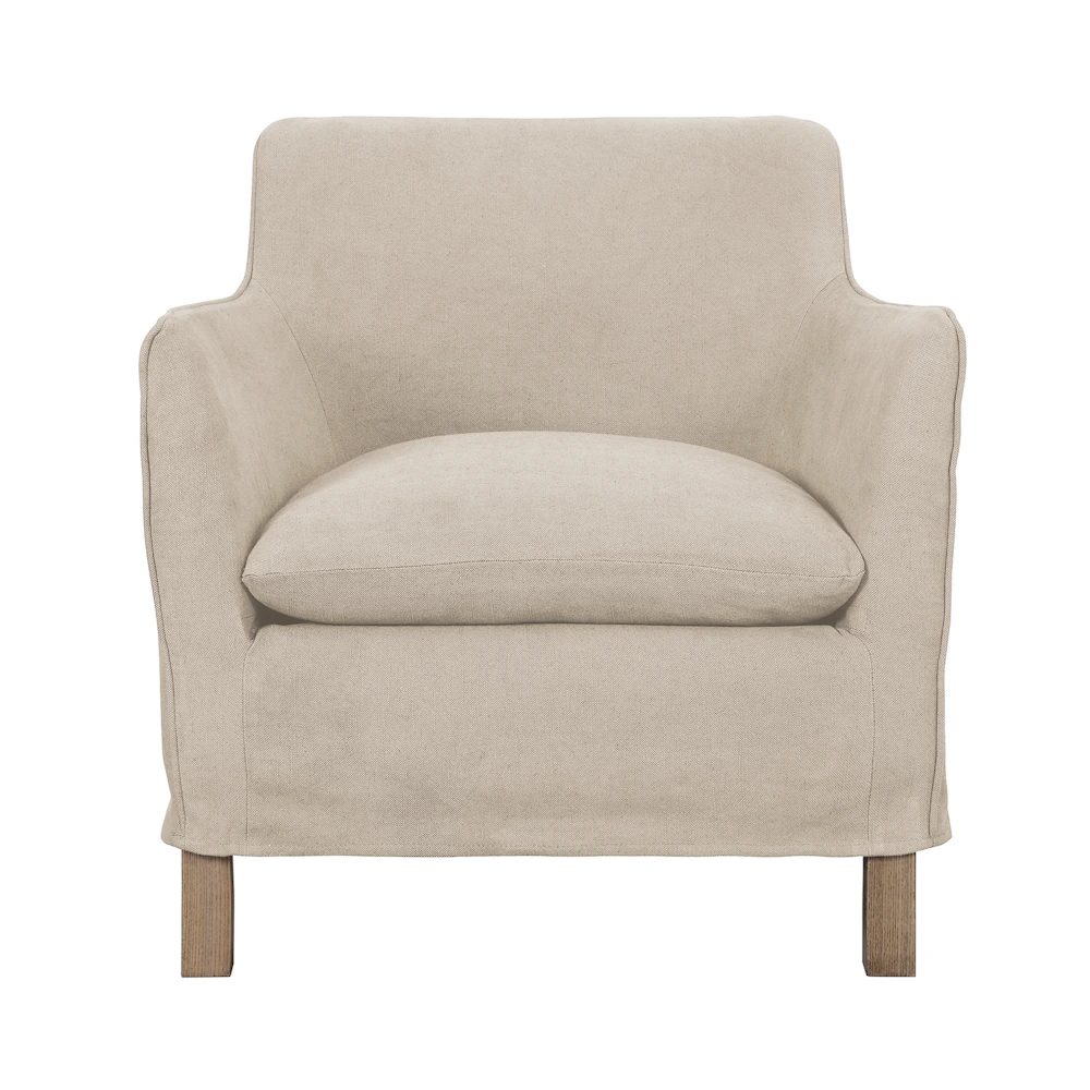 Halo Harbour Armchair in Native Linen Natural with removable linen slipcover and ash timber legs. Compact designer armchair with a relaxed contemporary style.
