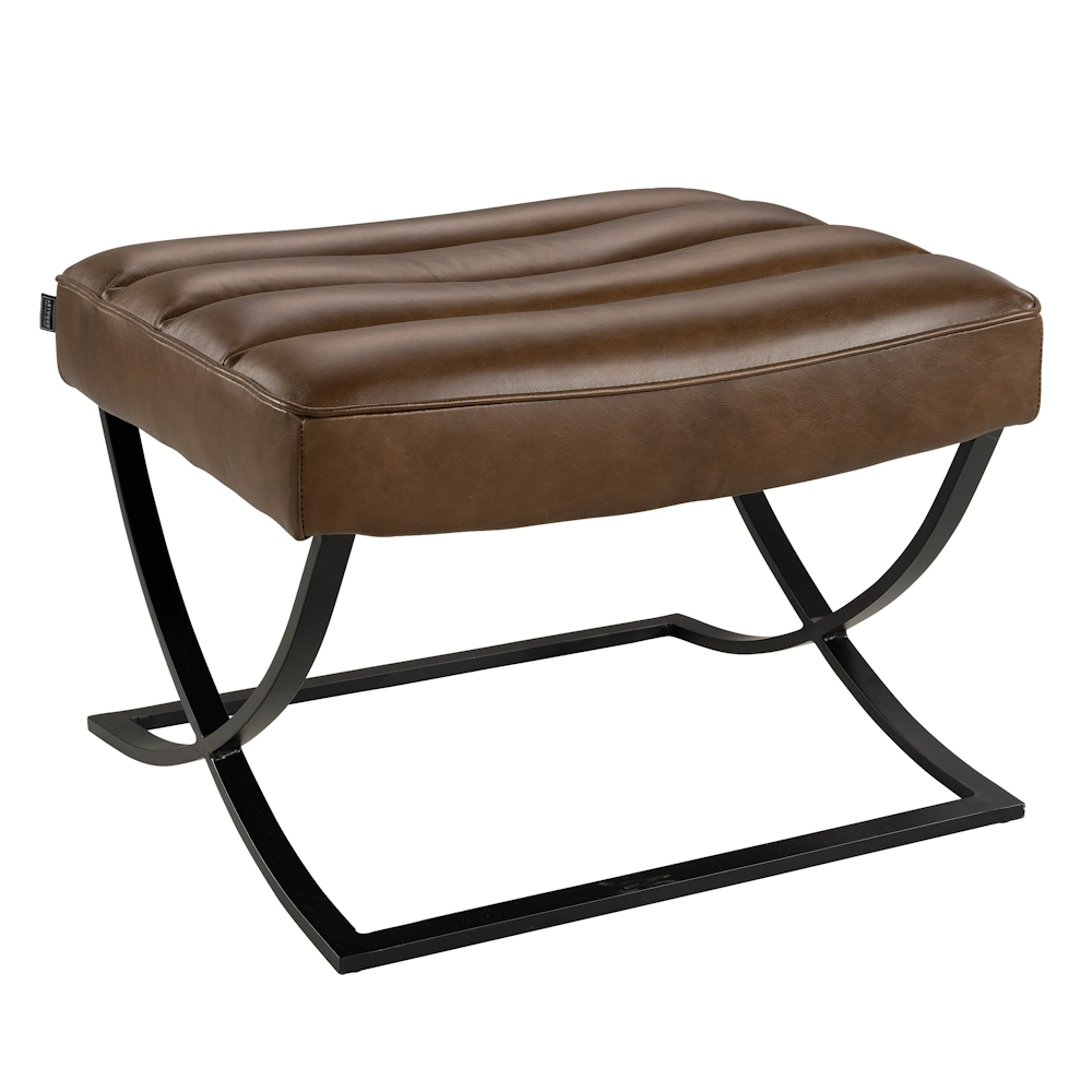 Padded brown leather footstool with a black metal base.