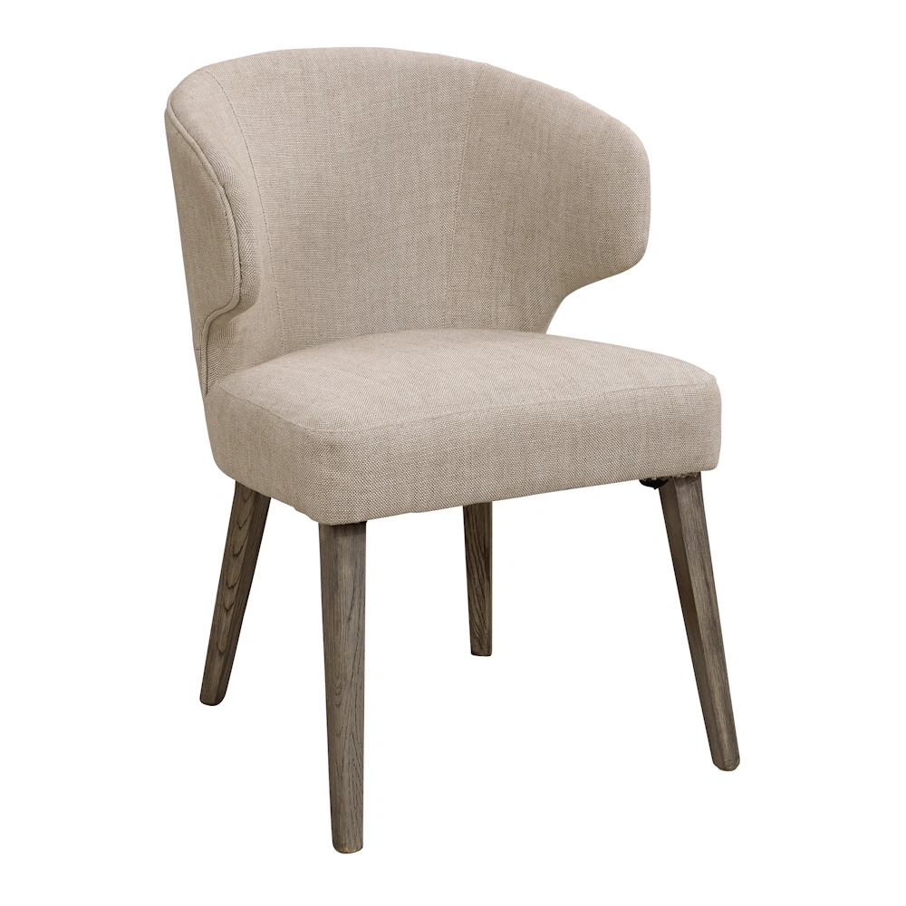 Comfortable linen dining chair with wooden legs.