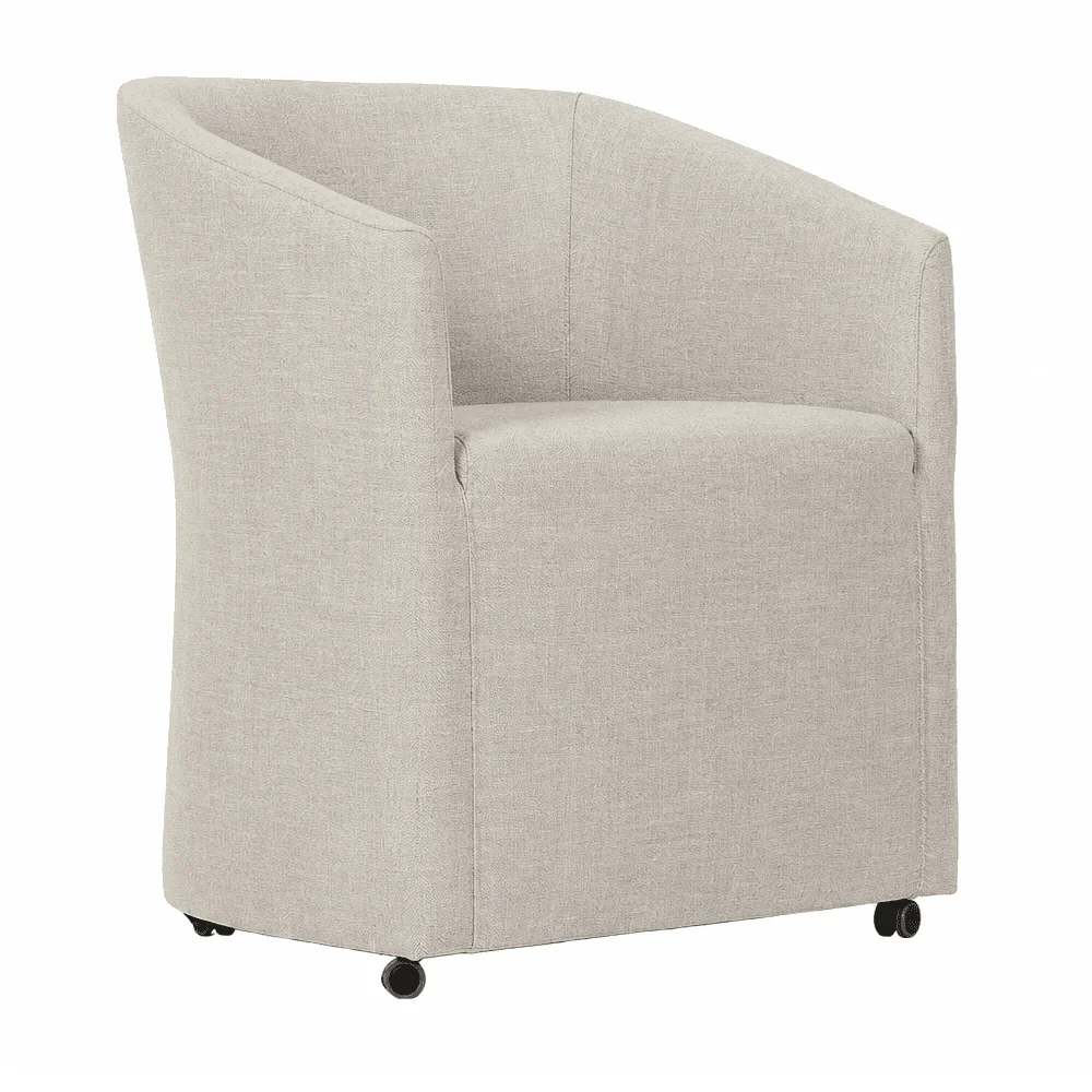 Dieppe upholstered chair in Sophie Linen with a curved wraparound back and concealed castors, suitable as a dining or occasional chair.