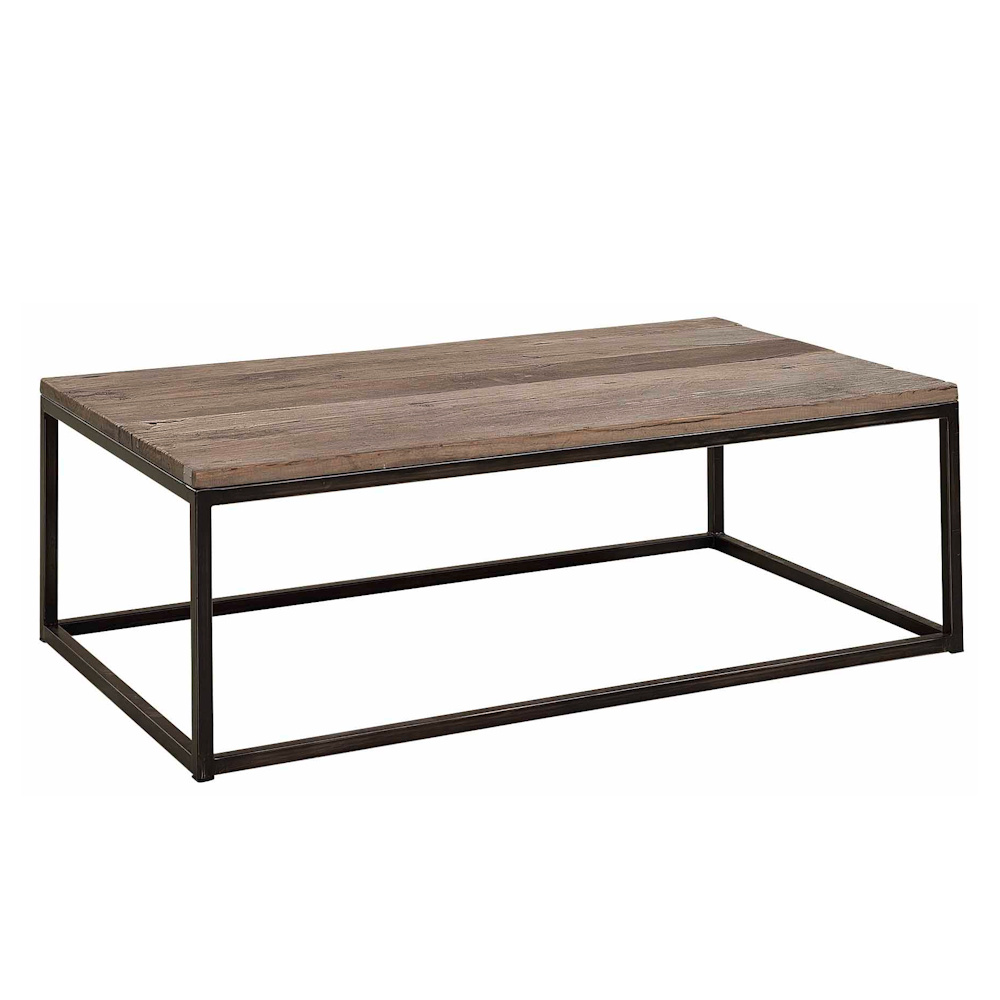 Artwood Elmwood rectangle coffee table in natural elm with visible grain and character markings, set on a black metal base.