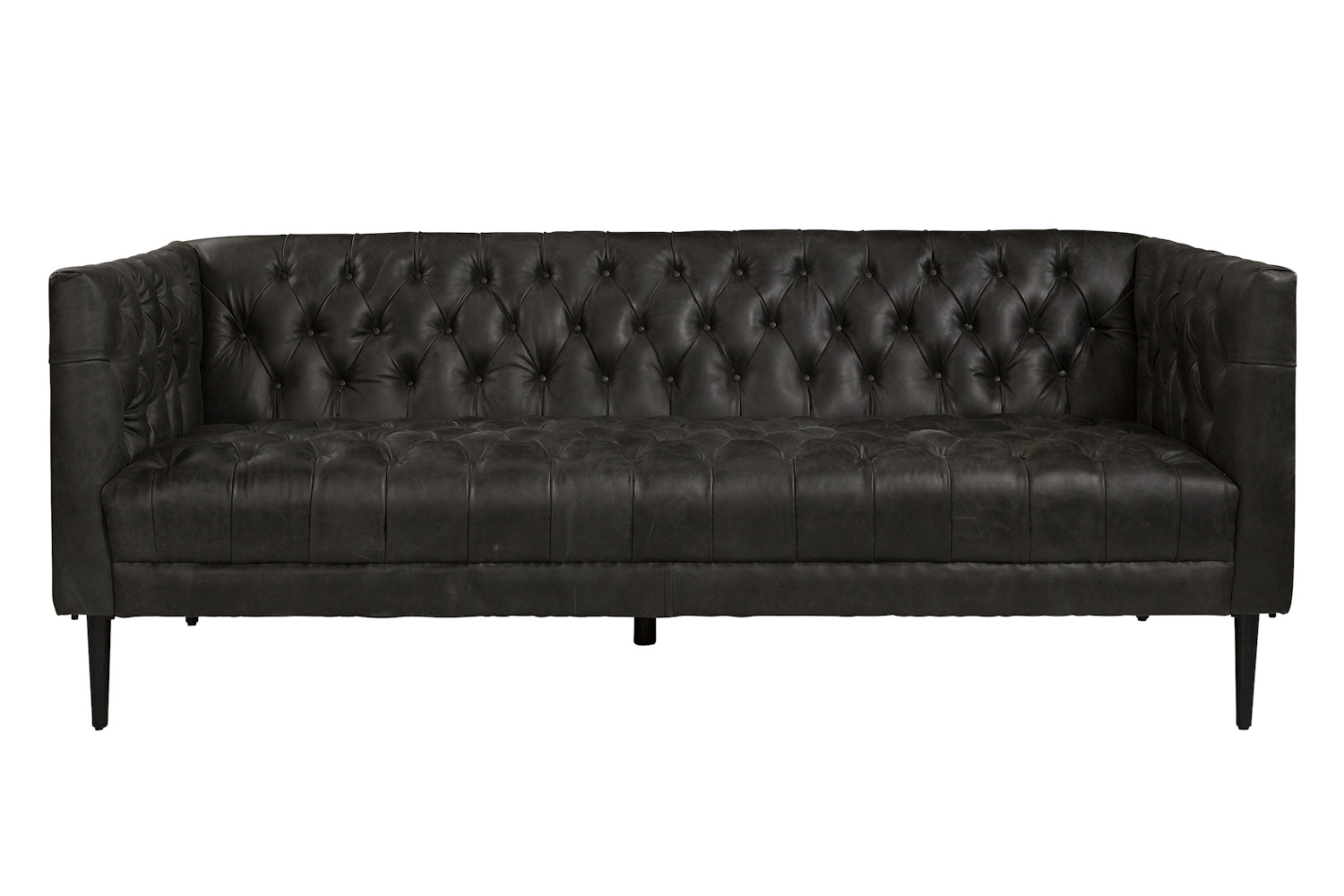 A contemporary grey leather sofa with a hand tufted finish on the seat and back and black metal legs.