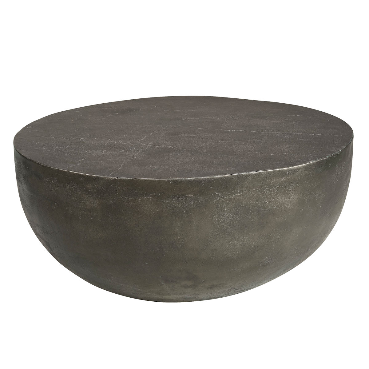 A half round coffee table that has a finish that looks like concrete.