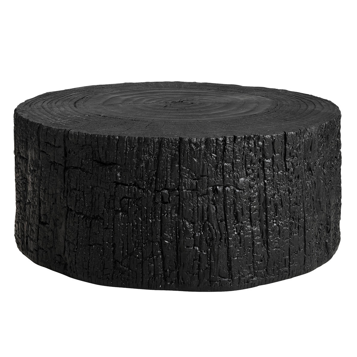 A round black coffee table that looks like it is a ring of wood from a tree.