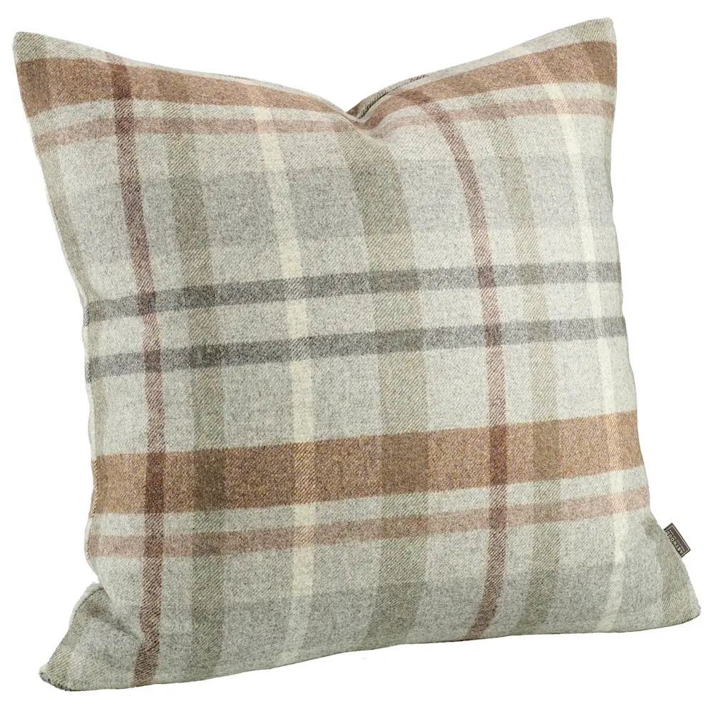 Woolen plaid cushion in greys and browns.
