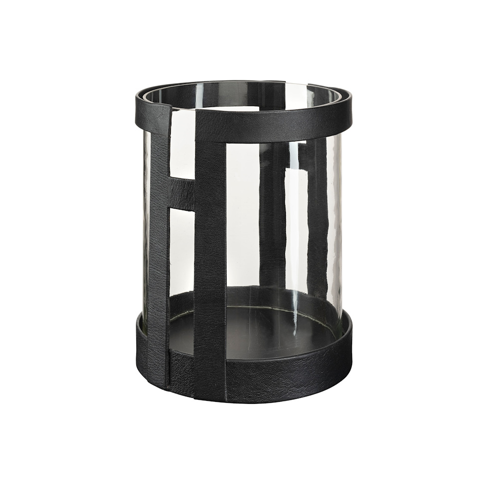 black metal and glass outdoor lantern. Glass cylinder protects flame from being blown out by the wind.