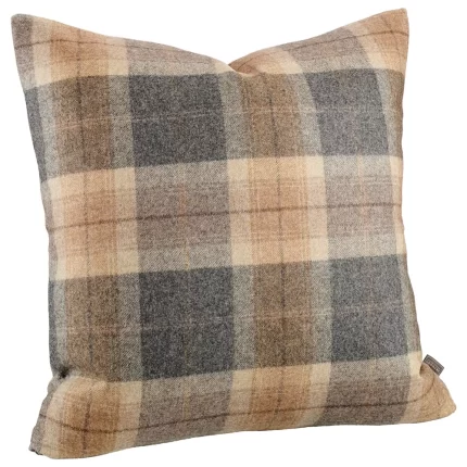 Plaid cushion cover in earthy brown and grey colours 10 100% wool. The reverse is in a solid stone coloured fabric.