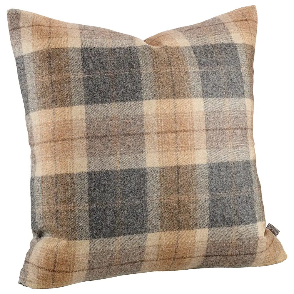Plaid cushion cover in earthy brown and grey colours 10 100% wool. The reverse is in a solid stone coloured fabric.